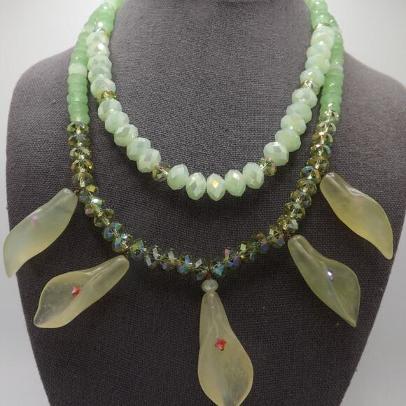 Hand-crafted Light Green Beaded Necklace, Art Glass Florals & Beads, 19 Inches - Picture 6 of 10